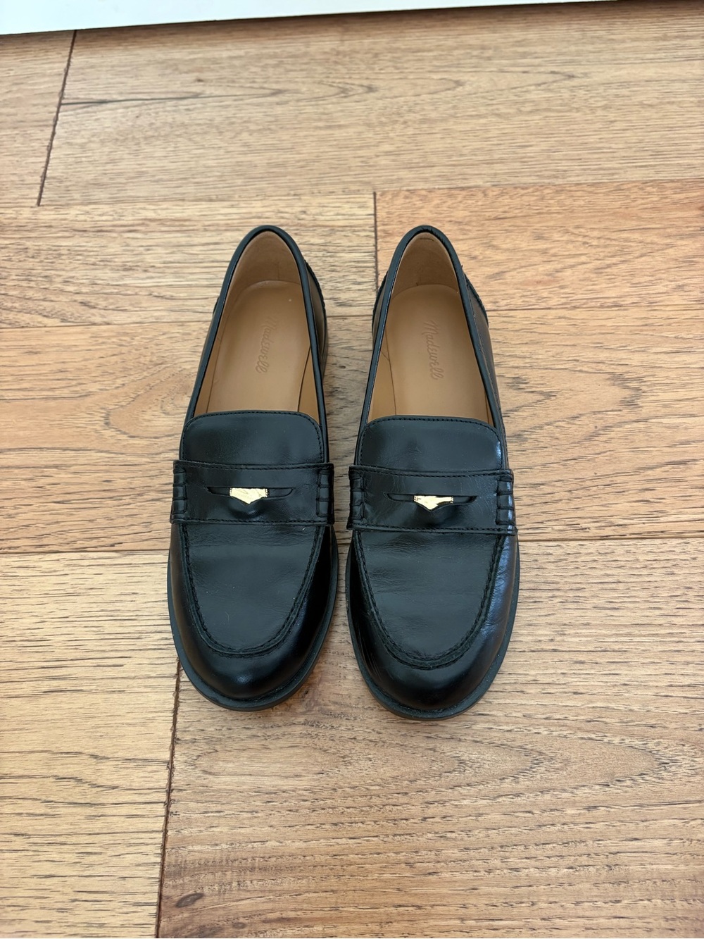 Madewell Black Leather Penny Loafers with Gold Trim